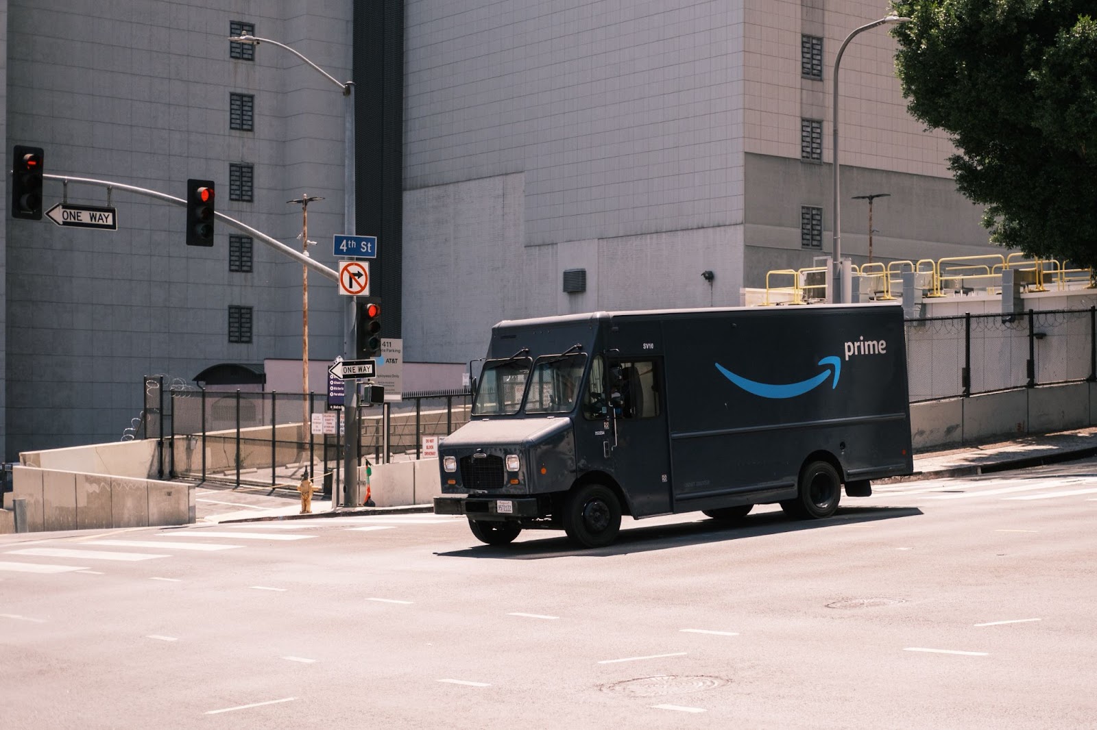 Amazon truck making a delivery 
