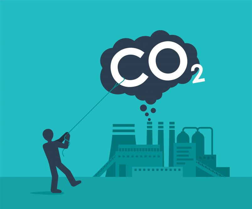 A cartoon of a person trying to capture Carbon emissions 
