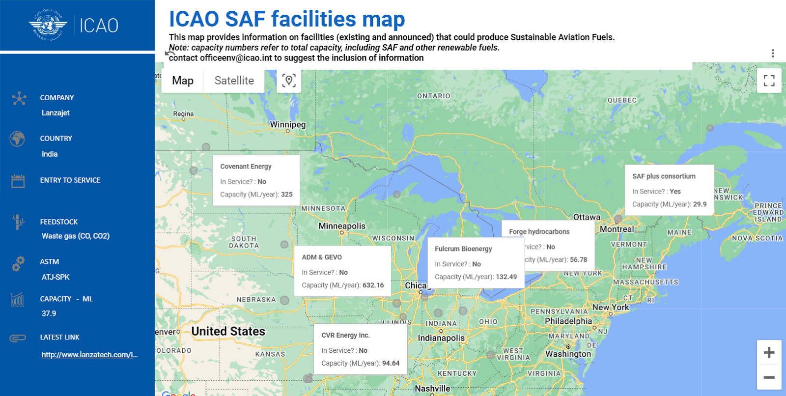 Screenshot from ICAO SAF facility finder showing many out of service SAF providers